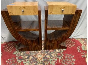 Pair Of 1 Drawer Burled Side Tables With Zebra Wood Details