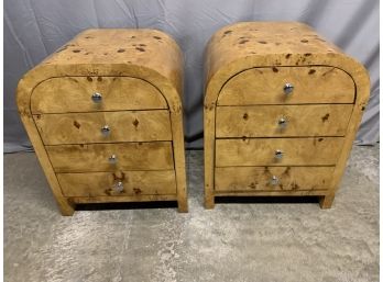 Pair Of Burled 4 Drawer Side Tables With Chrome Pulls