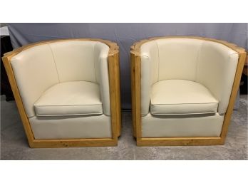 Pair Of Burled Wood Barrel Back Side Chairs With Scallop Back Design