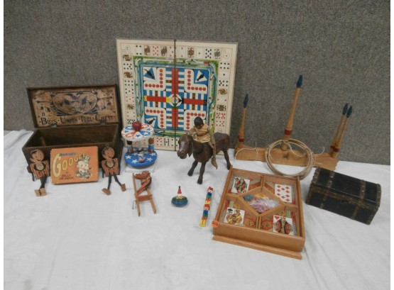 Vintage Wooden Toy Lot Including Boys Union Tool Chest (box Only), Barney Google Book, Ring Toss, Etc.