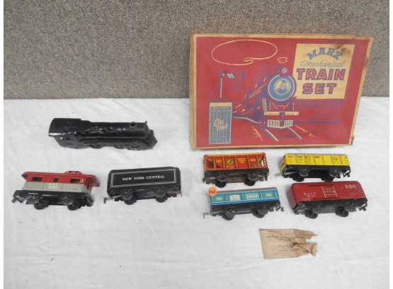 Marx Mechanical Train Set With Box, Including Additional Tin Marx And Unmarked Locomotives