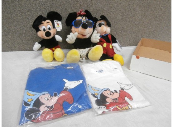 Disney Lot Including 2 Large Unused T-shirts And 3 Plush Mickey And Minnie Mouse