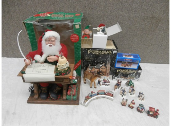 Animated Holiday Scene 'Writing Santa', Elf, Dept. 56 Snowman, Victorian Village, St. Marks Church And Rectors