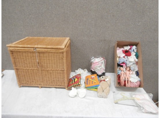 Dolls And Doll Clothing, Teddy Bear And A Wicker Toy Chest