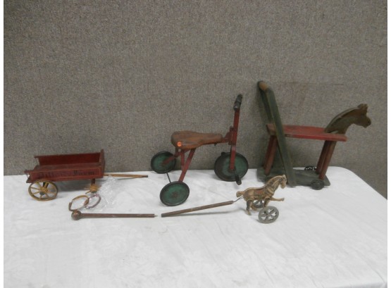 An Assorted Lot Including An Early Tricycle, Wooden Push Horse And More