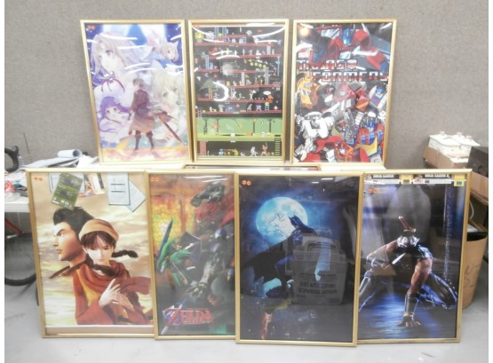 8 Framed Posters Of Super Hero's And Animated Characters