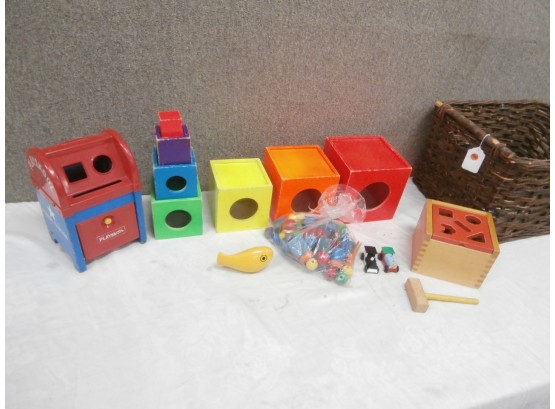 Assorted Wooden And Plastic Toys Including Playskool Mail Box, Colorful Graduated Blocks, Etc.