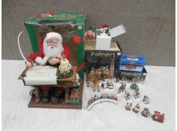 Animated Holiday Scene 'Writing Santa', Elf, Dept. 56 Snowman, Victorian Village, St. Marks Church And Rectors