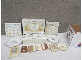 Wedgewood Peter Rabbit Nursey Set, 2 Birthday Plates And Sterling Pieces