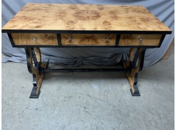 Burled 3 Drawer Flat Top Writing Desk With Harp Accent Sides