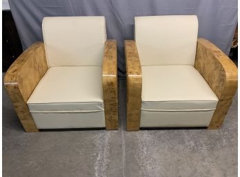 Pair Of Burled White Leather Club Arm Chairs