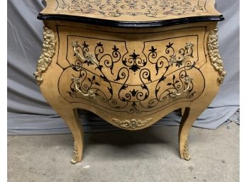 Burled Bombay Style Chest With Black Hand Painted Details.