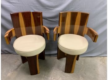 Pair Of Barrel Back Flame Wood Side Chairs