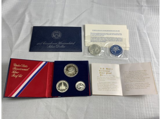 1976 Bicentennial 3 Coin Silver Proof Set And 1974 Silver Eisenhower Unc.