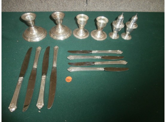 Weighted Sterling Silver Including 2 Pairs Of Candle Holders, 1 Pair Of Salt And Pepper Shakers And 8 Knives