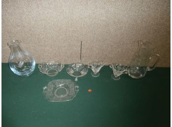 Depression Era Glassware Footed Bowl, Creamer, Sugar, Handled Bowl And Art Glass Vase With Duck Design