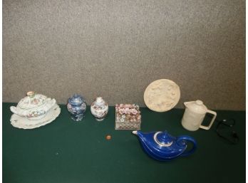 Ceramic Grouping Including Hall Aladdin Cobalt Blue With Gold Trim, Capodimonte Covered Floral Box, Etc.