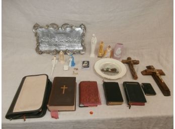 Religious Lot Including Bibles, Hanging Plaque Depicting The Last Supper, Figures, Crosses And More