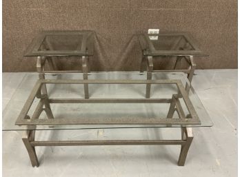 3 Piece Iron And Glass Top Side Tables
