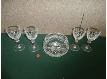 Signed Waterford Crystal Bowl And 4 Signed Gorham Wine Glasses