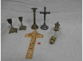 Mostly Religious Items Including Candlesticks, A Figural Cast Bell And More