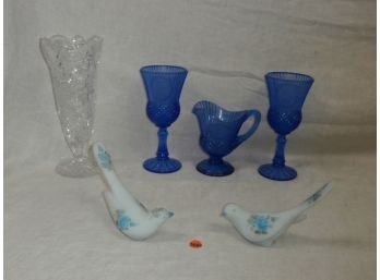 Hand Painted Fenton Glass Birds, With Artist Signed Bases, Avon Cobalt Glassware And Bird Decorated Vase