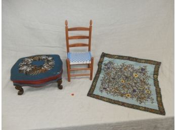 Upholstered Antique Footstool, Doll Chair, Scarf