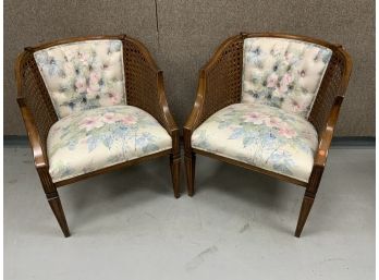 Pair Of Floral Side Chairs With Cane Accents