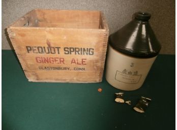 Country Lot Including Wooden Advertising Crate For Pequot Spring Beverages, Ginger Ale Glastonbury CT, Etc