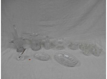 Glassware And Crystal Including Floral Basket, Compote, Signed Waterford Crystal Honey Jar With Lid And Spoon