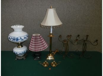 Lighting Lot Including 3 Lamps, Pair Of Brass Fingerhold Candle Holders And A Pair Of Candleabras