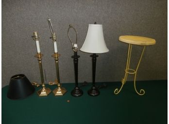 2 Pairs Of Contemporary Lamps And A Yellow Stand With A Wrought Iron Base