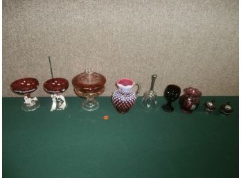 Glassware Including Hobnail Pitcher With Applied Handle, Pilgrim Cranberry Glass Vase, Etc