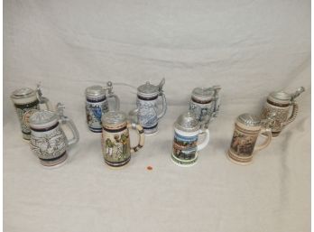9 Steins Including Avon With Various Subject Matter, Sports, Aviation, Western Theme, Hunting, Etc.