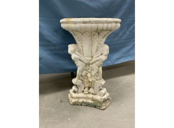 White Cement Figural Pedestal With 3 Cherubs Holding The Top