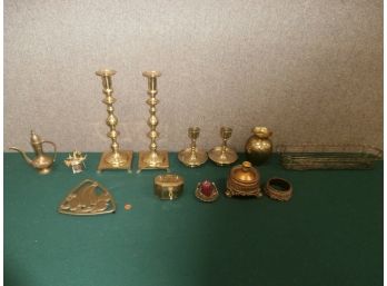 Group Of Mostly Brass Items, Including 2 Pairs Of Candlesticks, Gorham Brass C1983 Italy Trivet, Etc.