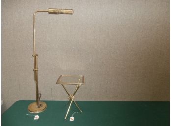 Signed Crest #362 Adjustable Brass Floor Lamp, Brass And Glass Folding Tripod Table C1985 Signed Chapman