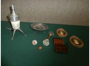 Vintage Home Decor Grouping With Footed Pewter Hand Made Horn Centerpiece With Figural Lid, And More