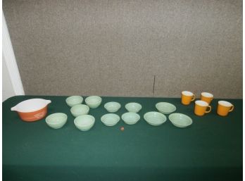 Pyrex Orange Container With Wheat Pattern, Fire King Jadeite And 4 Corelle By Corning Mugs