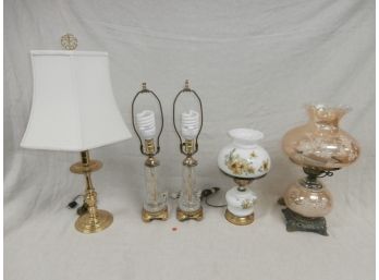 5 Lamps Including 1 Brass Lamp, Pair Of Crystal Lamps And 2 Gone With The Wind Style Lamps