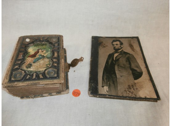 Early Family Photo Album With Tin Types And A Journal Or Scrapbook With Decoupage Of Abraham Lincoln
