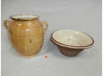 Contemporary Double Handled Ceramic Pot And Earthenware Bowl