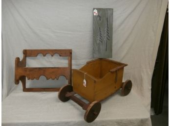 3 Country Home Decor Items Including A Hanging Shelf, Cart And Wood Painted Panel With Cutout Star And Trees