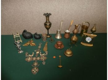 Mixed Metal Homedecor Lot Including A Pair Of Cast Quail Signed Bronze, Hanging Figural Double Candleholder