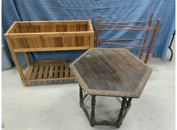 3 Piece Furniture Lot Including A Pine Planter, Carved Walnut Table And A Drying Rack