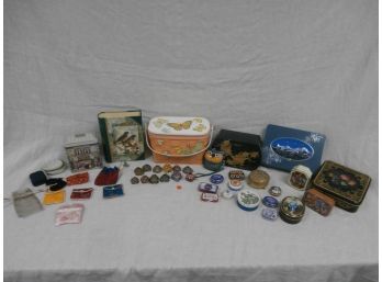 Mixed Lot Including Decoupage Hinged Basket, Tins, Owl Shaped Coin Purse, Jeweled Turtle Figure, Etc.