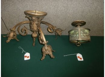 2 Vintage Ceiling Fixtures Including Cast 3 Arm Without Shades And A Slag Glass Scenic Fixture