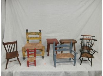 Wooden Lot Of Mostly Doll Sized Furniture Including Chairs, A Bench, A Stool And Stand