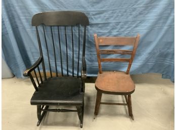 2 Rocking Chairs Including A Boston Style And An Antique Plank Seat