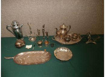 Silver Plated Items Including Made In Denmark Candelabra, Footed Bowl, Chrome Cocktail Shaker, Etc